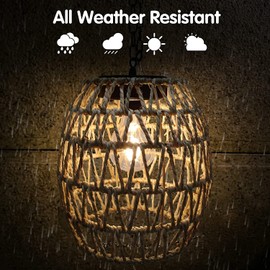 Outdoor Solar Hanging Lantern, Waterproof Natural Seaweed Rattan Bamboo Porch Chandelier Light Solar Powered Hanging Lamp for Hallway Garden Patio Gazebo