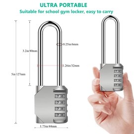 AIHYTU 3.2 Inch Long Shackle Combination Padlock Lock Silver