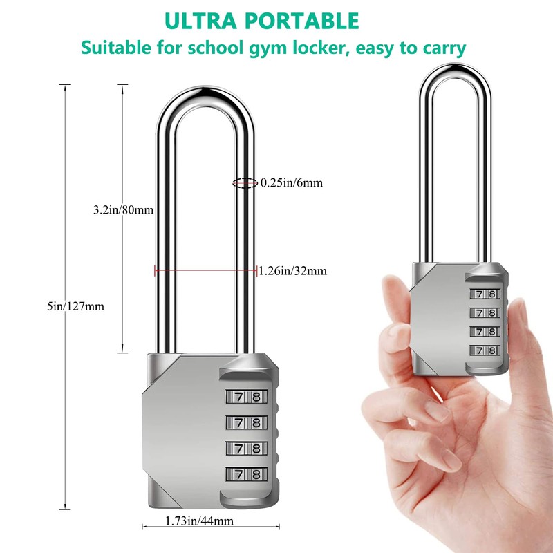 AIHYTU 3.2 Inch Long Shackle Combination Padlock Lock Silver