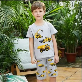LXKA Boys Pyjamas Short Sets Kids Pjs Summer Toddler Boy 100% Cotton Dinosaur Digger Shark Sleepwear 2 Pieces Clothes Outfits 2-7 Years (7-8 Years, 2-Digger, 7_years)