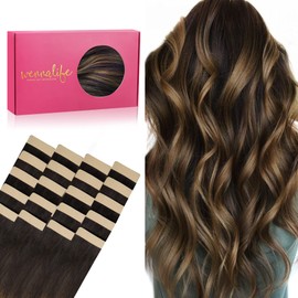 WENNALIFE Tape-in Extensions, Real Hair, Set of 20, 50 g, 35 cm/14 Inches, Balayage Dark Brown to Chestnut Brown, Remy, Invisible Tape, Silky Straight, Skin Weft Tape Ins