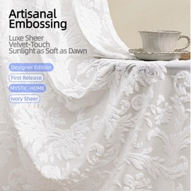 Sheer White Curtains for Bedroom Living Room Boho 63 Inches Rod Pocket Farmhouse Drapes with Floral Patterned Vintage 3D Flocked Texture & Rococo Motifs Window Curtains Set of 2 Panels, 52"W*63"L