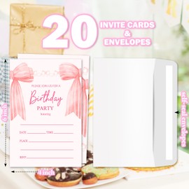 Zwsrplo Pink Bow Birthday Party Invitations for Women Girls, Birthday Invitations Girl Birthday Invitations Cards Teen Kids Adult 20 Invitations & Envelopes -09
