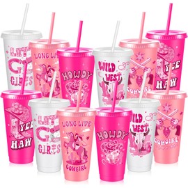 Chuangdi 12 Pcs Western Cowgirl Tumbler Set Reusable 24 oz Pink Cowgirl Plastic Cups with Lids and Straws for Birthday Party Baby Shower Last Rodeo Party Supplies