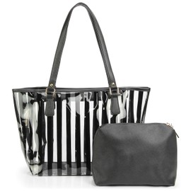 2 in 1 Semi Clear Beach Tote Bags Large Work Shoulder Bag with Interior Pouch (Black)