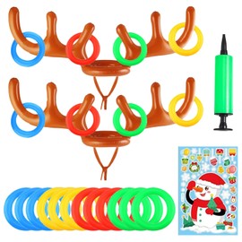 Christmas Party Games Inflatable Reindeer Ring Toss Game for kids, adults, and family-Christmas eve reindeer game includes 2 Hats, 12 Rings, 1 pump and 32 Stickers-Christmas fun with reindeer hoopla.