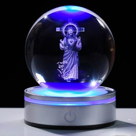 Movdyka 3D Crystal Ball Jesus Statue Religious Gifts for Women Men Christian, Laser Engrave Sacred Heart of Jesus Christ Cross Figurine with Night Light Base, Birthday Catholic Gifts for Friend