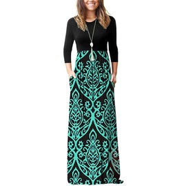 WNEEDU Women's 3/4 Sleeve Casual Loose Long Maxi Dresses with Pocket,Black Green,S
