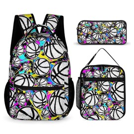 ZCJB-WSRY Basketball Backpack with Lunch Box & Pencil Case, 16 Inch Cool Basketball Themed Bookbag, Adjustable Lightweight Large Capacity, Colorful Sport Ball Backpack Set for Kids Girls Boys School