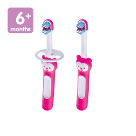 MAM Baby's Brush Set (2 Training Toothbrushes, 1 Safety Shield), Baby Toothbrushes with Brushy the Bear, Interactive App, For Girls 6+ Months, Pink