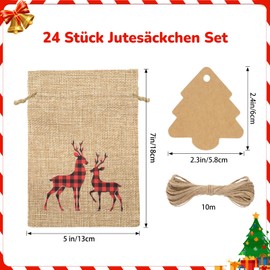 G2PLUS Pack of 24 Large Advent Calendar Jute Bags, 13 x 18 cm Christmas Jute Bags, Gifts Jute Bags with Tree Shaped Pendant, Christmas Jute Bags for Decoration Christmas Tree, Advent Calendar