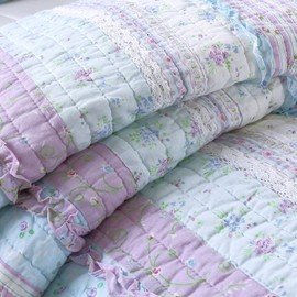 Cozy Line Home Fashions Raelynn Romantic Lace Light Lavender Orchid Blue Flower Print Stripe Cotton 3D Bedding Quilt Set, Reversible Coverlet, Bedspread for Girls Women (King - 3 Piece)