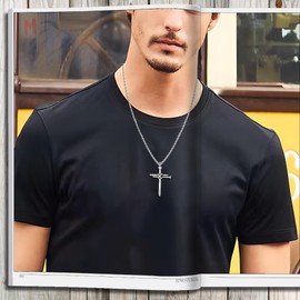 JUNOVUROS Nail Cross Necklace for Men Stainless Steel Religious Retro Nail Cross Pendant Necklace, 18 to 28 Inch Rolo Chain, Silver/Gold/Black, 2.2'' x 1.38", Stainless Steel, Cubic Zirconia