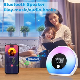 QingHong Kids Wake Up Light Alarm Clock with Bluetooth Speaker, Colorful Night Light, 4 Brightness Levels Desk Lamp, Digital Alarm for Bedrooms