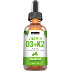 VANWOOKY Vegan Vitamin D3 + K2 (MK-7) Liquid Drops with MCT Oil - Plant-Based D3 from Lichen & MenaQ7 K2, Peppermint Flavor, Supports Bone & Cardiovascular Health for Enhanced Absorption, 1 Fl Oz