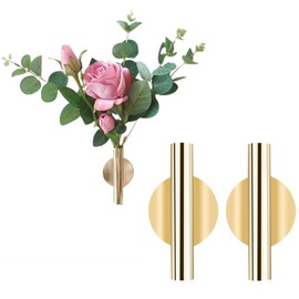 2 Pcs Gold Wall Decor, Plant Wall Vase Metal Tube Decoration Holder Used to Display Dried Flowers, Faux Flowers, Fake Flowers, Also Suitable for Gravestone Memorial Decoration (Round Gold)