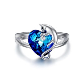 AOBOCO 925 Sterling Silver Cute Cat Ring with Sapphire Blue Heart Crystal from Austria, Cat Jewelry Gifts for Cat Lover Size 6