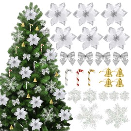 BOFUNX 120pcs Christmas Glitter Poinsettia Flowers with Candy Canes Snowflakes Bows Bells for Christmas Tree Decoration Christmas Tree Decorations