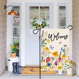 Baccessor Summer Welcome Floral Garden Flag Spring Summer Florals Leaves Double Sided Yard Flag Heavy Duty Seasonal Flowers Butterfly Outdoor Outside Patio Decoration 12.5x18 Inch