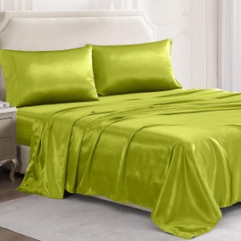 Casa Platino Satin Bed Sheets Set Twin Size - 3 Pieces - Soft Like Silk - 1 Deep Pocket Fitted Sheet, 1 Flat Sheet & 1 Standard Pillowcase - Breathable Sheets, Suitable for Hot Sleepers - Lime Green