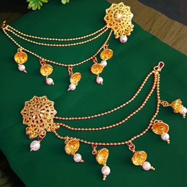 Efulgenz Indian Bollywood Jewelry 14K Gold Plated Dangling Earring with Layered Jhumka Tassels Ear Support Chain Hair Accessory gold