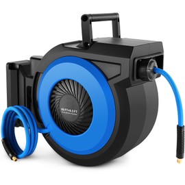 Retractable Air Hose Reel, 80FT + 6.5FT Wall Mount Penumatic Hose Reel for Garage Workshop, Automatic Rewind, 3/8" x 80' Hybrid Air Hose with Brass Fittings + Bend Restrictors, 300PSI