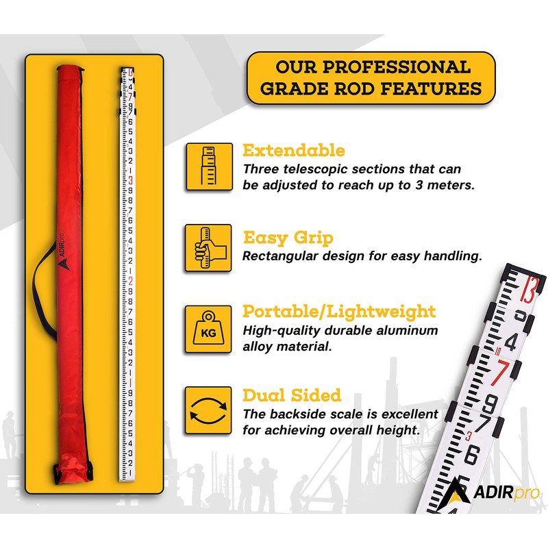 AdirPro 14-Foot Aluminum Grade Rod – 10ths, Dual Sided 4-Section