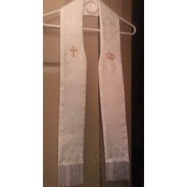Handmade SHORT Wedding Clergy Stole White Liturgical Cross Brocade Gold rings Beautiful