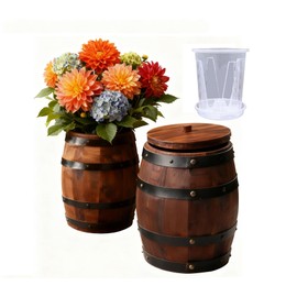 Wood Wine Barrel Vase 6" x 5" – Mini Barrel Rustic Wooden Flower Vase Planter for Wedding Reception, Party Table Decoration,Home Indoor Outdoor Garden, Kitchen,Planting-2pcs (2)
