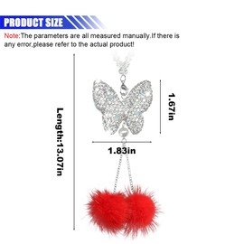 Bling Butterfly Diamond Car Accessories, Plush Ball Crystal Car Hanging Ornament, Rhinestones Car Rear View Mirror Charm Decoration Pendant for Women, Lucky Car Interior Presents (Bright Red)