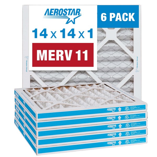 Aerostar 14x14x1 MERV 11 Pleated Air Filter, AC Furnace Air Filter, 6 Pack (Actual Size: 13 3/4"x13 3/4"x3/4")