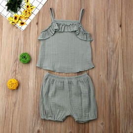 Newborn Toddler Baby Girl Cotton Linen Halter Tops Sleeveless Shirt Ruffle Short Pants 2Pc Shorts Clothes Set (Green, 18-24 M)