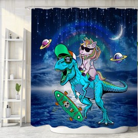 Funny Dinosaur Shower Curtain Set for Kids Bathroom, Cute Unicorn Riding Dinosaur Rainbow Decor Fabric Shower Curtains Sets Galaxy Space Teen Boys Girls Bath Accessories with Hooks 60 X 72 inch