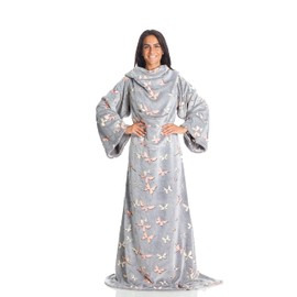 Blanket with sleeves glows in the dark, sofa blanket 180 x 140 cm, cuddly blanket to put on with central pocket, soft flannel microfibre, TV bedspread, fleece blanket, portable blanket butterflies