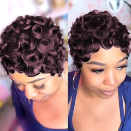 SAEIALL Short Curly Pixie Cut Human Hair Wig for Women Reddish 99J Burgundy Colored Short Wigs for Black Women Layered Haircut Hair Glueless Full Machine Made Wigs with Bangs Quick Get Up and Go Wig