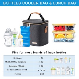BABEYER Breastmilk Cooler Bag with Ice Pack Fits 6 Baby Bottles Up to 9 Ounce, Baby Bottle Bag with Shoulder Strap for Nursing Mom Daycare,Dark Grey