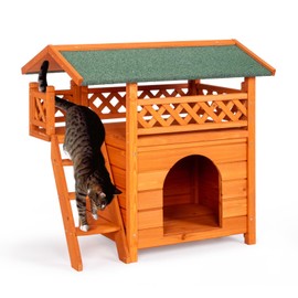 Dog House Feral Cat House Outdoor and Indoor,Cat House Outdoor Indoor Kitty Houses,2-Story Wooden Feral Cat House Dog House, Pet House with Weatherproof Roof & Stairs,Orange & Green
