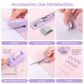 SKYDUE Purple Desk Accessories, Purple Office Supplies Set, Stapler, Tape Dispenser, Scissors, Binder/Paper Clips and 1000pcs Staples,Office Supplies for Women