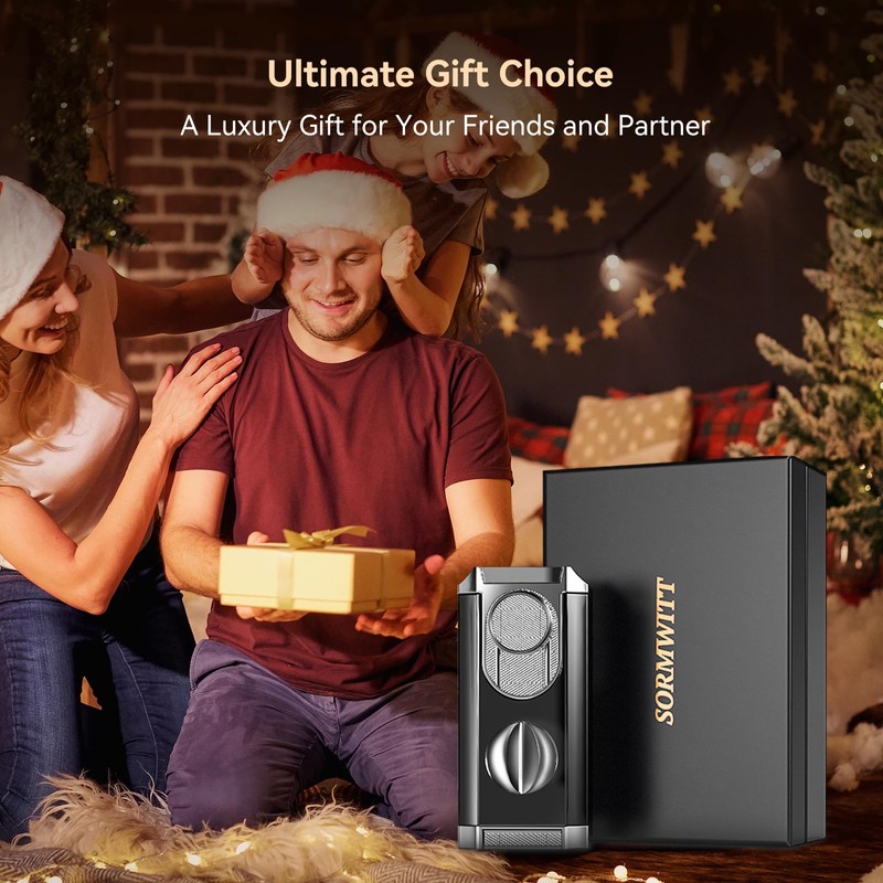 All-in-One Triple Torch Lighter, Built-in V Cutter, Holder, Adjustable Windproof