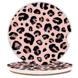 Pink Black Leopard Ceramic Cup Holders Car Coasters Set for Women/Men,Keep Cup Holders Clean and Dry,Drink Cup Car Holder Coasters with A Finger Notch 2.56" Pack of 2