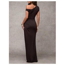 Verdusa Women's Off The Shoulder Wedding Guest Dress Asymmetrical Ruched Sleeveless Maxi Dresses Brown Medium