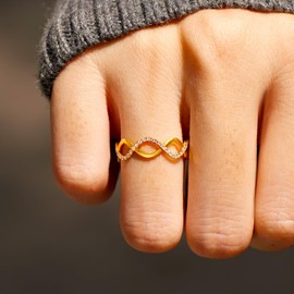 KIFUTENG Wave Ring Rings for Women, 925 Sterling Silver Infinity Knot Mother Daughter Rings Friendship Rings 14K Gold Plated Cubic Zirconia Self Reminder Ring Jewelry Birthday Christmas Gifts for Mom (Gold, 7)