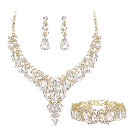 EVER FAITH Brilliant Wedding Jewelry Set for Women, Stunning Crystal Flower Round Teardrop Statement Bridal Necklace Dangle Earrings Bracelet Clear Gold-Tone