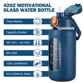 kytffu 42oz Glass Water Bottles with Straw, Motivational Glass Bottle with Silicone Sleeve and Time Marker, Leakproof Large Glass Water Jug for Gym Home Office,Blue