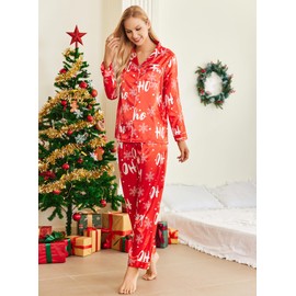 Ekouaer Women's Classic Button Down Long Satin Silk Pajama Set,Medium,Red Snow Chirstmas Pattern