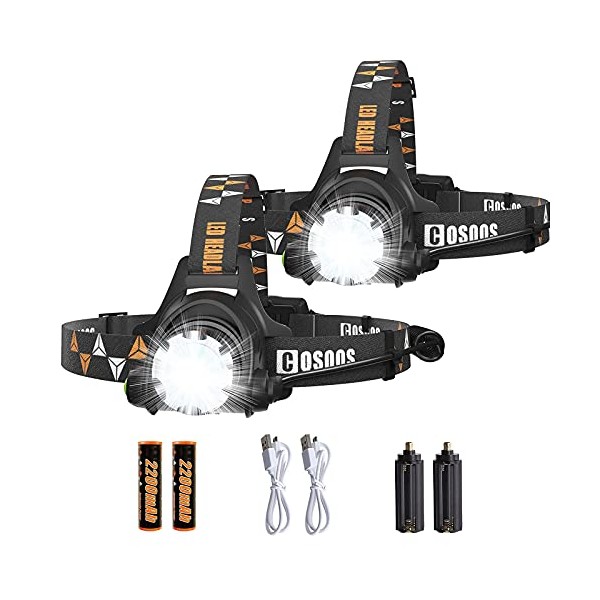 2 Rechargeable Headlamps, COSOOS Bright LED Headlamp Flashlight, 1000 Lumen, Zoomable, 4-Mode Tactical Headlight, Waterproof Headlamp for Adults, Camping, Hiking, Li-ion Battery Included