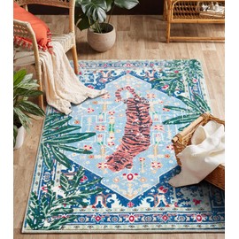 Aldopein Washable Blue Rugs Thin Oriental Boho Vintage Tropical Jungle 8x10 Area Rugs for Bedroom Kitchen Dining Living Room Office Distressed Indoor Large Carpet