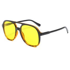 Long Keeper Retro Aviator Sunglasses Aviator Glasses Men Women Classic 70s Vintage Sunglasses Pilot Night Driving Glasses Unisex with UV400 Protection, Black Leopard Frame / Yellow Lens