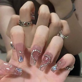 Nail Tip, Long Nail Tip, 24 Pieces, 3D, Korea, Popular, Stylish, Gel Nail Seal, Cute, Long Nail Tip, Bride Nail, Self Nail, Glitter, Double-Sided Tape, Butterfly, 3D Ribbon, Marriage, Coming-of-Age