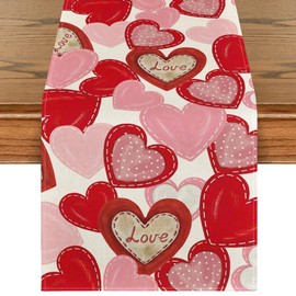 Artoid Mode White Pink Love Heart Valentine's Day Table Runner, Holiday Anniversary Kitchen Dining Table Decoration for Home Party Decor 13x72 Inch